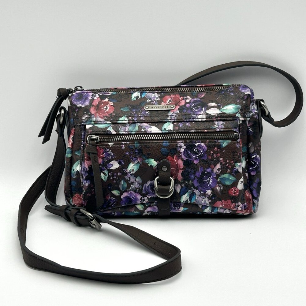 ROSETTI Crossbody Purse Brown Floral Vinyl Adjustable Strap Pockets 9.5"x7.5"
